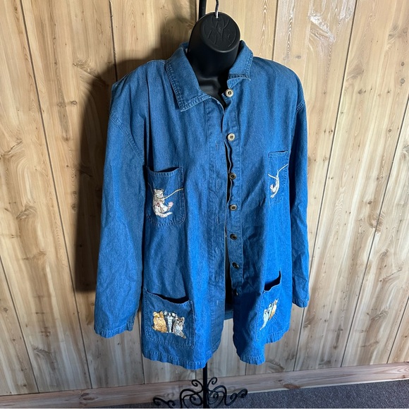 Passion Tops - Vintage Plus Sized 3X Blue Denim Button Down Denim with Embroidered Cats, cute!